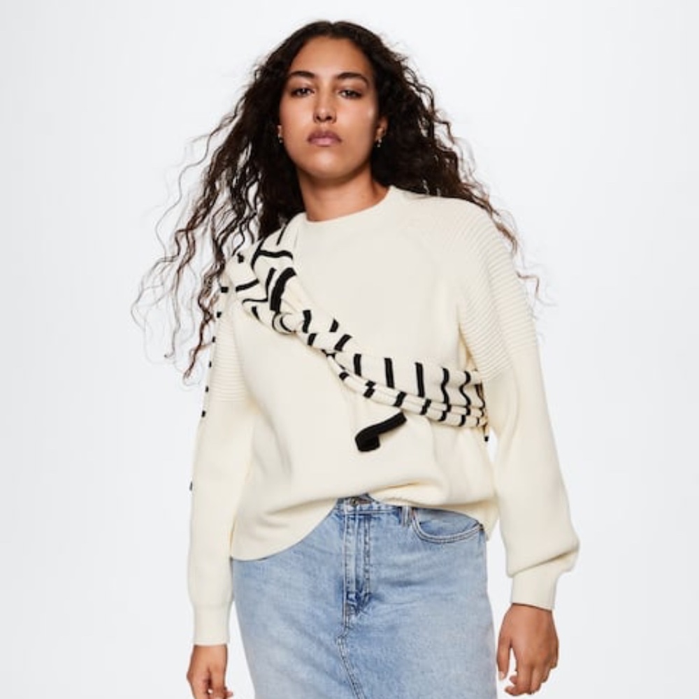 Mango Oversized Funnel Neck Rib Cropped Sweater , Size Small, Cream